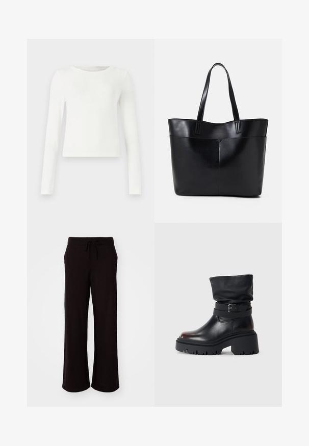 White long-sleeve ribbed top with a crew neck. Smooth texture, fitted design, and no visible patterns or accents. Simple and minimalist style.; GAP Trousers - terra brown; Black leather ankle boot with a slouchy upper, buckle detail, and thick, rugged sole. Features a round toe and smooth texture.; Black leather tote bag with two long handles, a smooth texture, and a structured shape. Features a front pocket for additional storage.