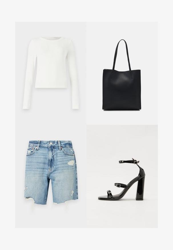 Hvit langermet ribbestrikket topp med rund hals. Glatt tekstur, tettsittende design og ingen synlige mønstre eller detaljer. Enkelt og minimalistisk stil.; Lyseblå denimshorts med høy livlinje. Har slitte detaljer med utslitt kant og flere lommer. Klassisk femlommers design.; Svart høyglans sandaler med hæl, firkantet tå, ankelremmer og sølvspenner. Har en kraftig blokkhæl for stabilitet.; Svart lær tote bag med glatt tekstur, rektangulær form og to lange håndtak. Ingen synlige deler eller dekorasjoner.