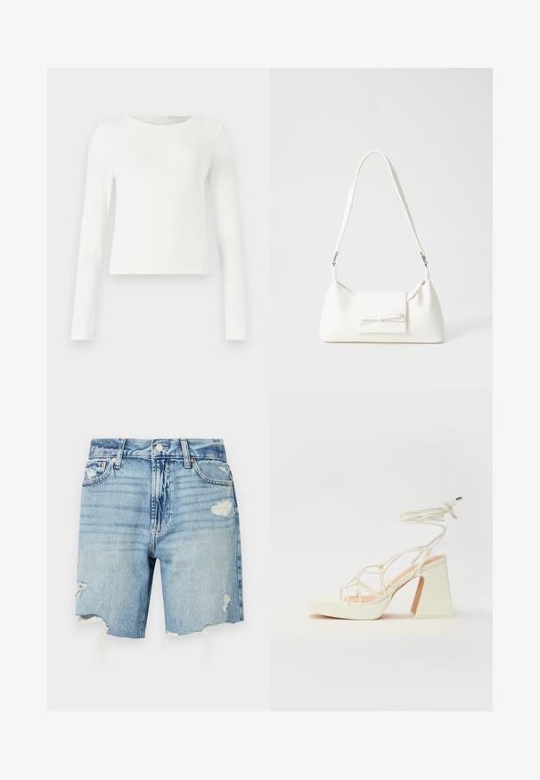 Vit långärmad ribbad topp med rund hals. Slät textur, figurnära design och inga synliga mönster eller detaljer. Enkel och minimalistisk stil.; Ljust blå denimshorts med hög midja. Har slitna detaljer med fransad fåll och flera fickor. Klassisk femfickorsdesign.; Vit högklackad sandal med en kraftig klack, med ett remdesign och ankelband. Slät textur med en plattform framtill för ökad höjd.; Vit syntetisk handväska med triangulär form, platt framklaff och rosettdetalj, justerbar rem, slät textur och minimalistisk design.
