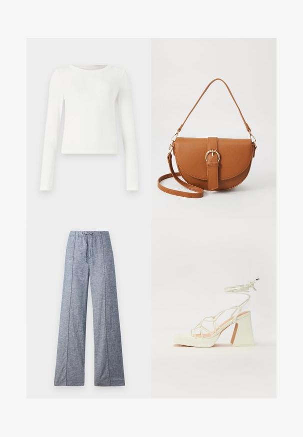 Bílé dlouhé rukávy žebrované tričko s kulatým výstřihem. Hladký povrch, přiléhavý střih a žádné viditelné vzory ani akcenty. Jednoduchý a minimalistický styl.; Široké kalhoty z lehké modré látky s jemnou texturou, s elastickým pasem a šňůrkou pro nastavení.; Bílé sandály na vysokém podpatku s robustním podpatkem, s designem s pásky a zavazováním kolem kotníku. Hladký povrch s platformou vpředu pro zvýšení výšky.; Hnědá kožená křížová taška s zakřiveným tvarem, zlatými detaily a akcentem s přezkou. Obsahuje odnímatelný popruh na rameno.