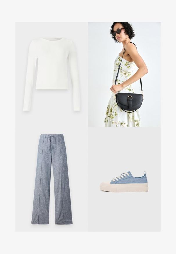 Hvit langermet ribbestrikket topp med rund hals. Glatt tekstur, tettsittende design og ingen synlige mønstre eller detaljer. Enkelt og minimalistisk stil.; Bredde benbukser i en lys blå stoff med en subtil tekstur, med elastisk midjebånd og snor for justering.; Lys blå canvastøfler med en kremfarget gummitupp og yttersåle, med hvite snørebånd og en løfteløkke på hælen.; Svart lærveske med en buet form, avtagbar stropp og gullbeslag. Vesken har et klaff med spenne-detall.