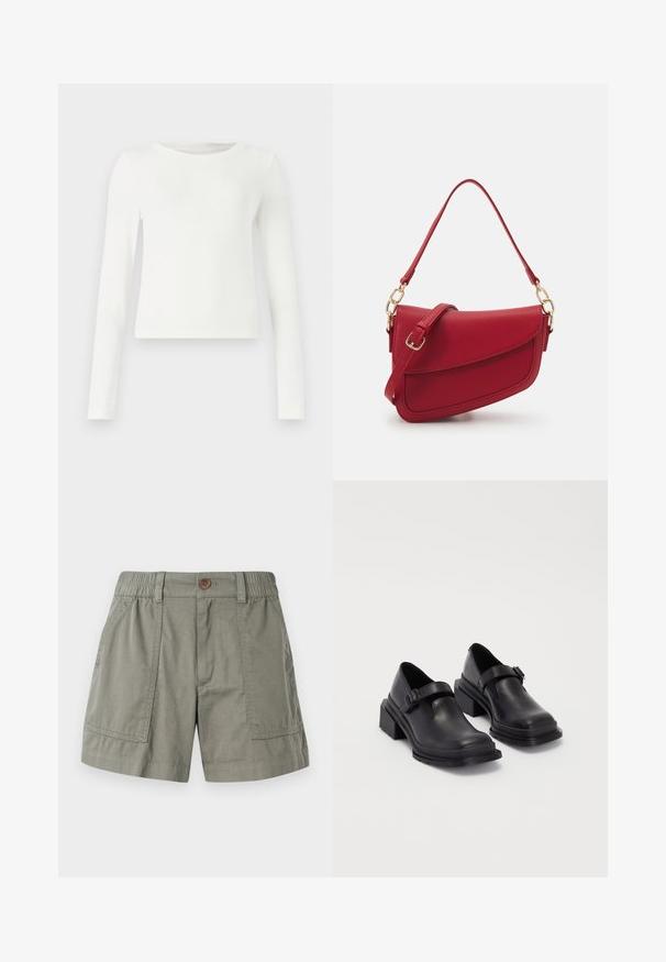 Bijela dugosleeve rebrasta majica s kružnim izrezom. Glatka tekstura, uski kroj i bez vidljivih uzoraka ili akcenta. Jednostavan i minimalistički stil.; Svijetlo maslinasto zelene šortse od mješavine pamuka, s elastičnim pojasom, prednjim džepovima i jednim dugmetom za kopčanje.; Crne kožne cipele s okruglim vrhom, ravnim đonom i remenom s detaljem kopče. Debeli blok peti za dodatnu stabilnost.; Crvena kožna torba preko ramena s dugim remenom i zlatnim detaljima, s zakrivljenim preklopom i strukturiranim oblikom.