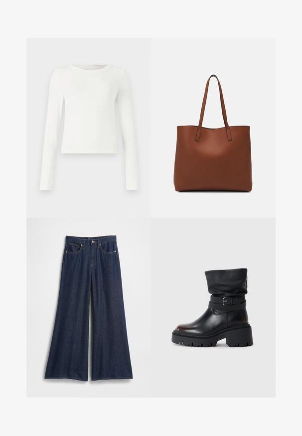 Bílé dlouhé rukávy žebrované tričko s kulatým výstřihem. Hladký povrch, přiléhavý střih a žádné viditelné vzory ani akcenty. Jednoduchý a minimalistický styl.; Džínové kalhoty s širokými nohavicemi v tmavě modré barvě. Mají vysoký pas, pět kapes a kontrastní švy. Hladká textura s čistým lemem.; Černé kožené kotníkové boty s volným horním dílem, detailem přezky a silnou, robustní podešví. Mají kulatou špičku a hladký povrch.; Hnědá kožená taška přes rameno s hladkou texturou, otevřeným designem a dvěma ramenními popruhy. Obsahuje minimální švy a žádné viditelné kovové prvky.