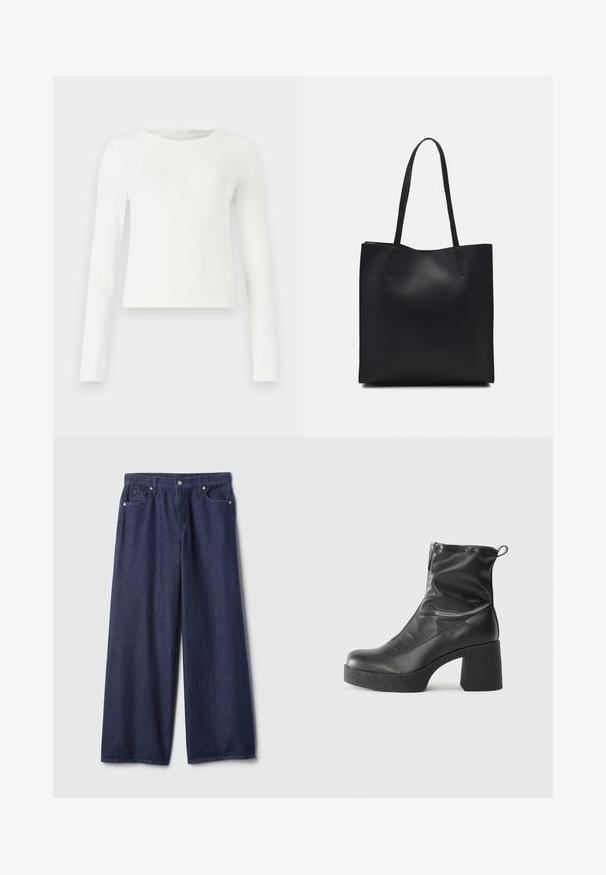 White long-sleeve ribbed top with a crew neck. Smooth texture, fitted design, and no visible patterns or accents. Simple and minimalist style.; Wide-leg dark blue denim jeans with a smooth texture, five-pocket design, metallic button closure, and stitched detailing along the seams.; Black ankle boots made of smooth leather, featuring a side zipper, chunky textured heel, and rounded toe design.; Black leather tote bag with smooth texture, rectangular shape, and two long handles. No visible hardware or embellishments.