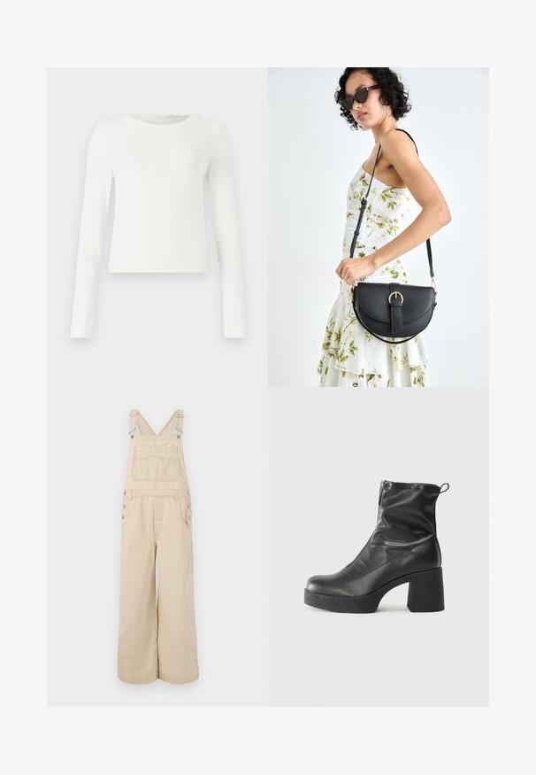 Hvit langermet ribbestrikket topp med rund hals. Glatt tekstur, tettsittende design og ingen synlige mønstre eller detaljer. Enkelt og minimalistisk stil.; Beige stripete jumpsuit med vide ben, med justerbare stropper, metallknapper, frontlommer og en brystlomme.; Svarte ankelstøvler laget av glatt lær, med glidelås på siden, chunky strukturert hæl, og rund tå-design.; Svart lærveske med en buet form, avtagbar stropp og gullbeslag. Vesken har et klaff med spenne-detall.