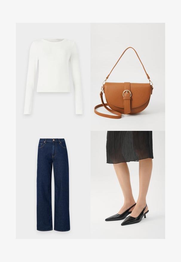 Balts garām piedurknēm ribots tops ar apaļu kaklu. Gluda tekstūra, pieguļošs dizains un bez redzamām rakstiem vai akcentiem. Vienkāršs un minimālistisks stils.; Zilā džinsā platā kāja bikses ar augstu jostasvietu, ar oranžām šuvēm un metāla pogu aizdari. Tīrs, taisns griezums un bez rotājumiem.; Melnas ar īkšķi līdz kājām siksniņu papēžiem ar spīdīgu apdari, slaids papēdis un atvērta aizmugure. Augšējais materiāls ar teksturētu rakstu.; Brūns ādas plecu soma ar izliekta formu, zelta piederumiem un sprādzes akcentu. Iesaiņota ar noņemamu plecu siksnu.