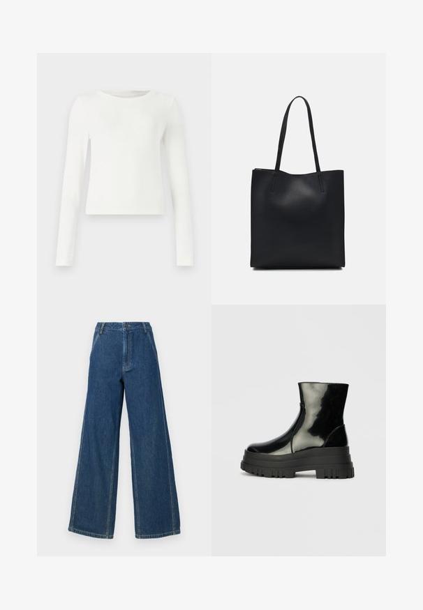 Bijela dugosleeve rebrasta majica s kružnim izrezom. Glatka tekstura, uski kroj i bez vidljivih uzoraka ili akcenta. Jednostavan i minimalistički stil.; Široke traperice u tamnoplavoj boji. Imaju visoki struk, ravne nogavice i istaknuto šivanje, s patentnim zatvaračem i kopčanjem na dugme.; Crna sjajna čizma do ankleta s debelim zupčastim potplatom i zaobljenim vrhom, bočni pogled na jednostavnoj svijetlosivoj pozadini.; Crna kožna torba za nošenje s glatkom teksturom, pravokutnim oblikom i dvije duge ručke. Nema vidljivih metalnih dijelova ili ukrasa.