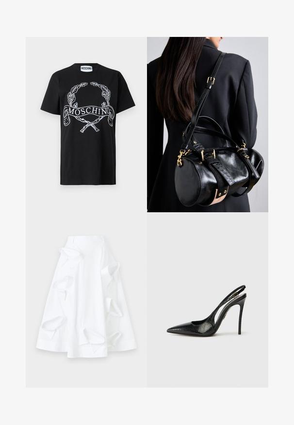 Černé bavlněné tričko s bílou vyšívanou vavřínovou korunou a stuhou s textem "MOSCHINO". Standardní kulatý výstřih a krátké rukávy.; Bílá áčková sukně z bavlny, která má oversized výřezové detaily a hladkou texturu. Obsahuje strukturovaný pas.; Černé slingback lodičky s špičatou špičkou, texturovaným hadím vzorem, jehlovým podpatkem a ozdobnou sponou na pásku.; Černá kožená kabelka zaobleného tvaru, s pozlacenými kovovými prvky a nastavitelnými popruhy. Akcenty texturované černé kůže a béžové detaily.