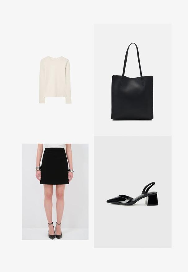 Jasno beżowa bluzka z długim rękawem, wykonana z miękkiego materiału, z okrągłym dekoltem i luźnym krojem, prostym dołem oraz minimalnym detalem szwów.; Czarna spódnica w kształcie litery A o gładkiej fakturze, dopasowanym pasie i subtelnych bocznych szwach. Zestawiona z błyszczącymi czarnymi szpilkami i srebrnymi bransoletkami.; Czarne lakierowane półbuty na obcasie z wydłużonym noskiem i geometrycznym słupkiem. Charakteryzują się eleganckim, minimalistycznym designem oraz gładką fakturą.; Czarna skórzana torba tote o gładkiej fakturze, prostokątnym kształcie i dwóch długich uchwytach. Brak widocznych elementów metalowych i ozdób.