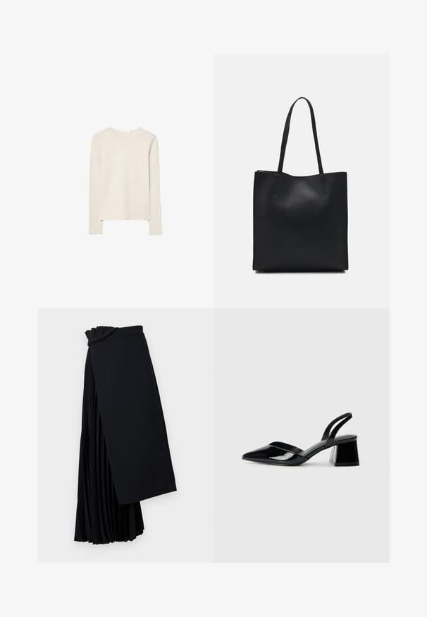 Hellbeige Langarmshirt aus weichem Stoff, mit Rundhalsausschnitt und lockerer Passform, geradem Saum und minimalen Nähdetails.; Schwarzer plissierter Rock aus leichtem Stoff. Verfügt über ein drapierendes Taillendesign und eine fließende Silhouette mit geschichteten Falten.; Schwarze Lackleder-Slingback-High Heels mit spitzem Schuh und einem geometrischen Blockabsatz. Verfügt über ein schlankes, minimalistisches Design und eine glatte Textur.; Schwarze Laptoptasche aus Leder mit glatter Textur, rechteckiger Form und zwei langen Griffen. Keine sichtbaren Beschläge oder Verzierungen.