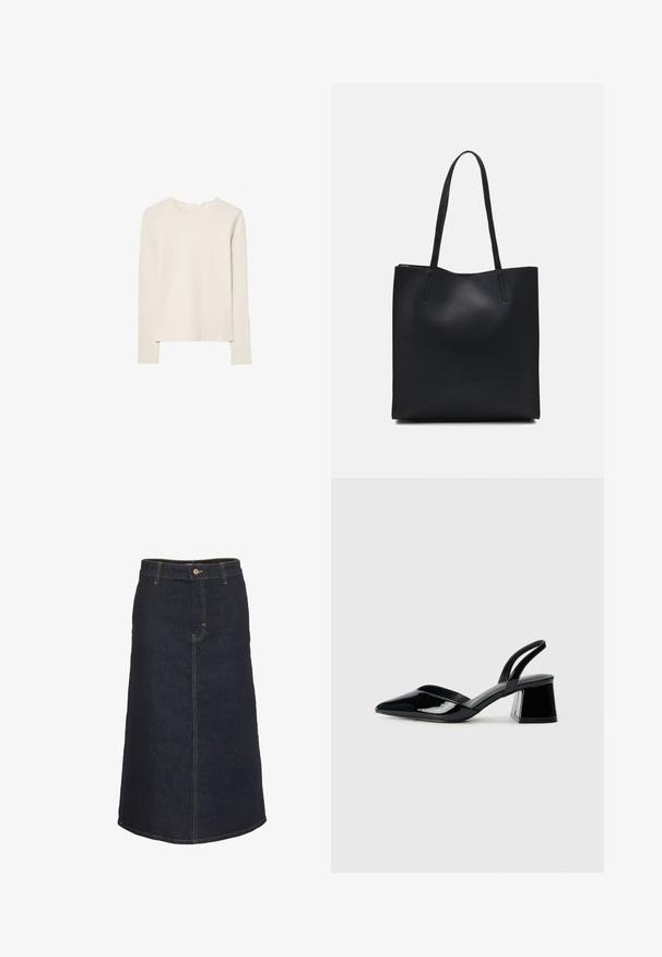 Lys beige langærmet top lavet af blød stof, med rund halsudskæring og en afslappet pasform med lige kant og minimal syning detaljer.; Mørk denim midi-nederdel med en lige silhuet, der har en frontknaplukning og kontrasterende gul syninger.; Sorte patentlæder slingback hæle med spids tå og en geometrisk blok hæl. Har et elegant, minimalistisk design og en glat tekstur.; Sort læder tote taske med glat tekstur, rektangulær form og to lange hanke. Ingen synlig hardware eller udsmykninger.
