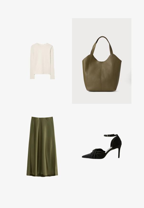 Maglietta a maniche lunghe beige chiaro in tessuto morbido, con scollo rotondo e vestibilità comoda, orlo dritto e dettagli di cucitura minimi.; Una gonna verde oliva alla lunghezza del ginocchio, realizzata in tessuto liscio con taglio dritto e una cintura elastica, con un leggero lucido.; Scarpa nera in suede con tacco alto, punta affusolata, dettaglio annodato sul davanti, cinturino alla caviglia e sottile tacco a stiletto.; Borsa tote in pelle verde oliva con doppio manico, texture liscia e design a quattro pannelli. Cuciture rinforzate lungo le cuciture per una maggiore durata.