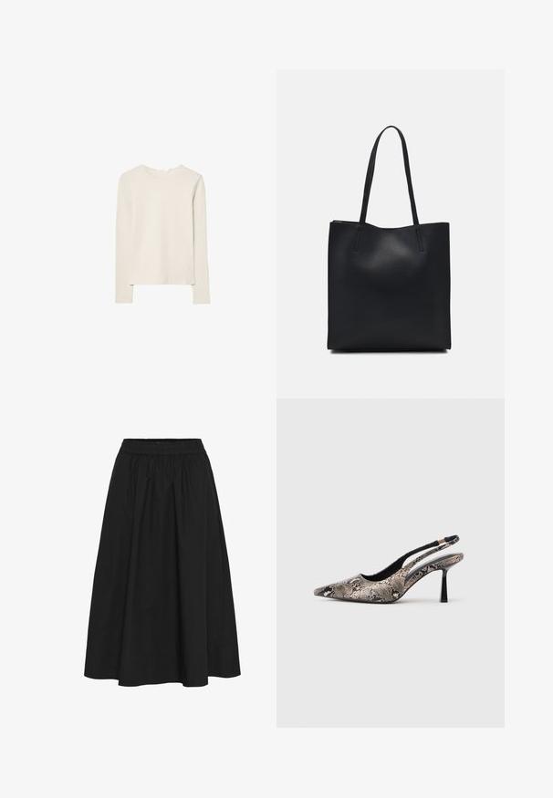 Lys beige langærmet top lavet af blød stof, med rund halsudskæring og en afslappet pasform med lige kant og minimal syning detaljer.; Sort, knælang nederdel lavet af bomuld, med elastisk talje, garnet tekstur og en glat overflade uden synlige mønstre.; Spidse slingback sko lavet af tekstureret slangeskindsmateriale, med en slank sort hæl og en udskæringsdesign på siderne.; Sort læder tote taske med glat tekstur, rektangulær form og to lange hanke. Ingen synlig hardware eller udsmykninger.