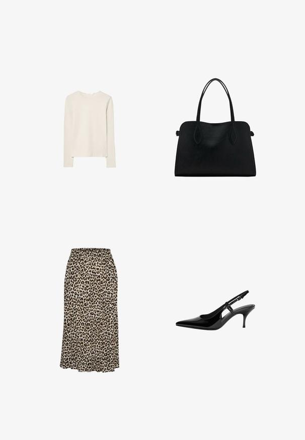 Hellbeige Langarmshirt aus weichem Stoff, mit Rundhalsausschnitt und lockerer Passform, geradem Saum und minimalen Nähdetails.; Leopardenmusterrock aus leichtem Material, mit einem elastischen Bund und einer ausgestellten Silhouette, die bis zur Mitte der Wade reicht.; Schwarze Lackleder-Slingback-Pumpe mit spitzem Zehenbereich, offenen seitlichen Ausschnitten, schlanker Absatz und verstellbarem Knöchelriemen.; Schwarze Lederhandtasche mit zwei Schulterriemen, rechteckiger Form und minimalistischem Design auf weißem Hintergrund.