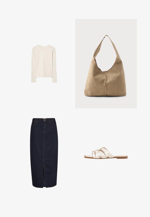 Haut beige clair à manches longues en tissu doux, avec un col rond et une coupe décontractée, un ourlet droit et un minimum de détails de couture.; Jupe maxi en denim foncé avec une fente à l'avant. Présente des coutures orange et un design classique à cinq poches. Fermeture à bouton à la taille.; Sandales plates avec une semelle en caoutchouc beige, conçues avec trois brides en cuir blanc se chevauchant et un petit nœud au centre.; Sac hobo en suède beige doux avec une forme décontractée, une large bandoulière et un détail de couture à la main sur le devant.