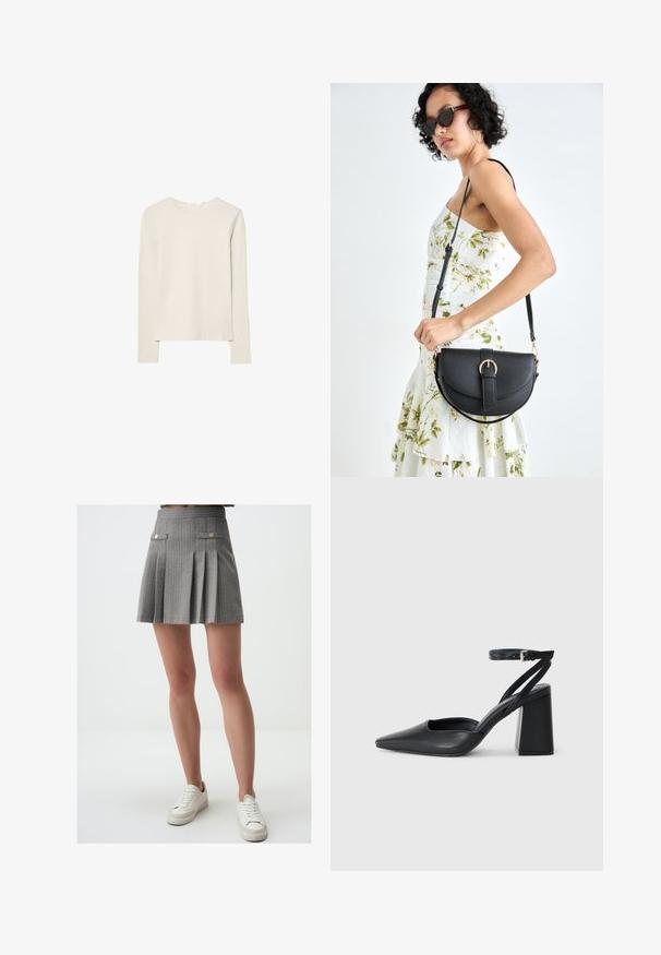 Jasno beżowa bluzka z długim rękawem, wykonana z miękkiego materiału, z okrągłym dekoltem i luźnym krojem, prostym dołem oraz minimalnym detalem szwów.; Szara plisowana mini spódnica z pionowymi paskami, z złotymi guzikami i kieszeniami po bokach. Połączona z białymi trampkami.; Czarne skórzane czółenka z ostrym noskiem, z paskiem na kostce i grubym obcasem. Gładka faktura, elegancki design i minimalistyczna estetyka.; Czarna skórzana torebka o zakrzywionym kształcie, z odpinanym paskiem i złotymi akcentami. Torebka posiada klapę z zapięciem w kształcie klamry.