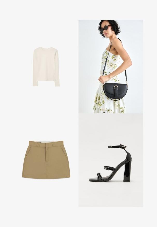 Svijetlo bež majica dugih rukava napravljena od mekanog materijala, s okruglim izrezom i opuštenim krojem s ravnim rubom i minimalnim detaljima šivanja.; Kaki suknja s prilagođenim strukom, petljama za pojas, dva bočna džepa i prednjim zatvaračem. Izrađena od glatke, čvrste tkanine s čistim završetkom.; Crne lakirane sandale na visoku petu s dva remena s kopčama, kvadratnim vrhom i masivnom blok petom, s glatkom, sjajnom teksturom.; Crna kožna torba s lukovitim oblikom, odvojivim remenom i zlatnim detaljima. Torba ima preklop s kopčom.