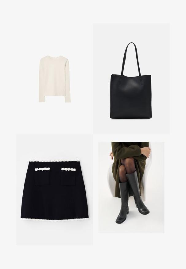 Hellbeige Langarmshirt aus weichem Stoff, mit Rundhalsausschnitt und lockerer Passform, geradem Saum und minimalen Nähdetails.; Schwarze Rock mit einem weißen Spitzenbesatz am Saum, versehen mit zwei Vordertaschen, die mit Spitzenakzenten verziert sind. Glatte Textur, A-Linien-Form.; Knöchelhöhe schwarze Lederstiefel mit quadrater Spitze und Blockabsatz, gezeigt mit einem Modell, das einen olivgrünen Mantel trägt. Glatte Textur, minimale Details.; Schwarze Laptoptasche aus Leder mit glatter Textur, rechteckiger Form und zwei langen Griffen. Keine sichtbaren Beschläge oder Verzierungen.