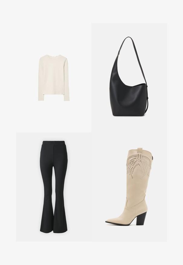 Ljusbeige långärmad topp i mjukt material, med rund halsringning och en avslappnad passform med rak nederkant och minimal sömdekoration.; Svarta utsvängda byxor tillverkade av stretchigt tyg. Har en hög midja och en slät, figursydd design som svänger ut från knäet och nedåt.; Even&Odd Cowboy- / Bikerboots - beige; Svart läder hobo-väska med en slät textur, kurvig form och en justerbar axelrem; har en bred öppning upptill.
