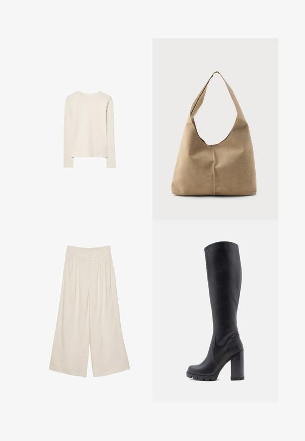 Svijetlo bež majica dugih rukava napravljena od mekanog materijala, s okruglim izrezom i opuštenim krojem s ravnim rubom i minimalnim detaljima šivanja.; Linen hlače širokog kroja svijetlosmeđe boje s nabranim dizajnom i elastičnom elastikom za udobnost i jednostavno oblačenje.; Crne čizmice do koljena, od glatke kože, s punom petom, zaobljenim vrhom, teksturiranom potplatom s gripom, elegantnog dizajna bez ukrasa.; Torba hobo u mekanom bež antilopu s opuštenim oblikom, širokim remenom za rame i ručno šivenim detaljem na prednjoj strani.