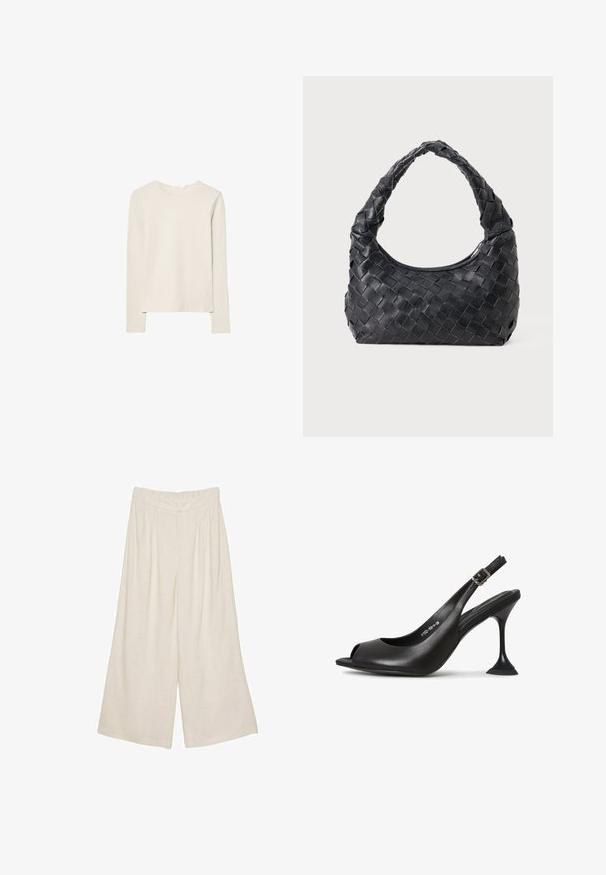 Hellbeige Langarmshirt aus weichem Stoff, mit Rundhalsausschnitt und lockerer Passform, geradem Saum und minimalen Nähdetails.; Leinen-Hose mit weitem Bein in einem hellbeigen Farbton, ausgestattet mit einem plissierten Design und einem elastischen Bund für Komfort und angenehmen Tragekomfort.; Schwarze Leder-Slingback-High Heels mit offener Zehe, spitzer Form, schmalem Absatz, der ausläuft, und quadratischem Fuß. Texturierte Oberfläche und Schnalle-Detail.; Schwarze Leder Schultertasche mit geflochtenem Tragegriff und halbrunder Form auf einem einfarbigen Hintergrund.