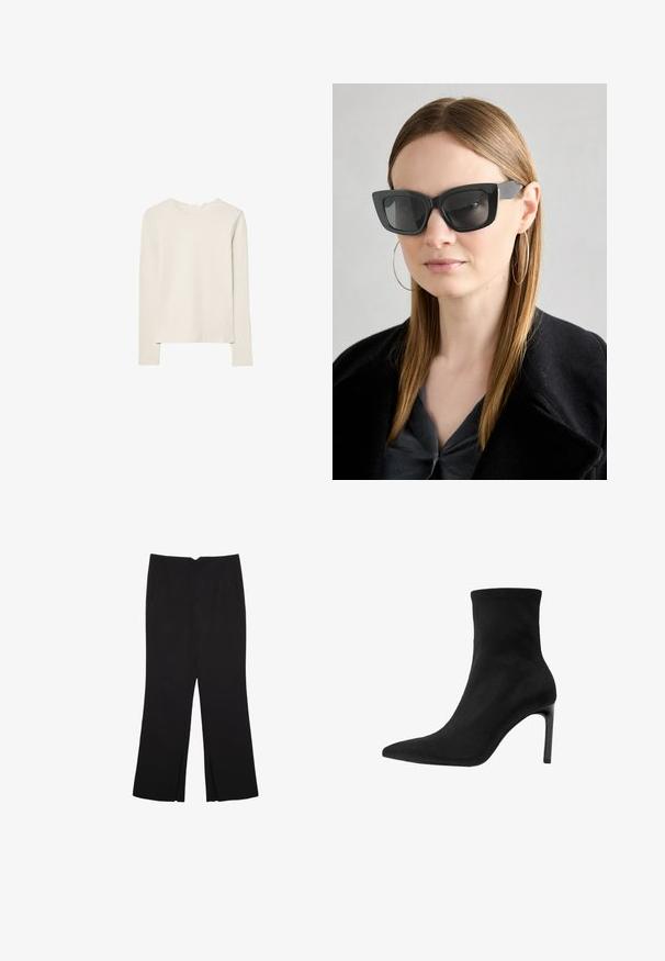Svijetlo bež majica dugih rukava napravljena od mekanog materijala, s okruglim izrezom i opuštenim krojem s ravnim rubom i minimalnim detaljima šivanja.; Crne hlače ravnog kroja, s prednjim džepovima i bočnim prorezima na rubu. Izrađene od mekog i glatkog materijala. Pogodne za razne prigode.; Crne gležnjače od glatke nubuk kože, s izdignutim nosom i visokim stileto potplatom. Elegantni, minimalistički dizajn bez ukrasa.; Crne mačje naočale s tamnim staklima, debelim okvirima i suptilnim detaljima. Nosit će se s crnim kaputom i sivoj majici, s dugom ravnom kosom.