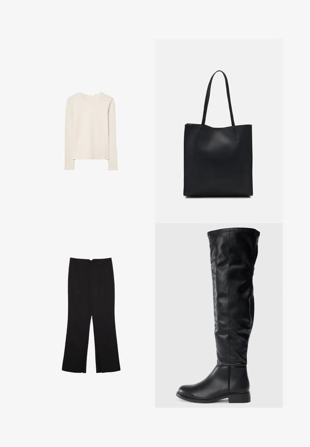 Vaaleanbeige pitkähihaisen puseron pehmeä kangas, pyöreä kaula-aukko, rento istuvuus, suora helma ja minimaalista ompeluyksityiskohtaa.; Mustat housut suoralinjaisella leikkauksella, joissa on etutaskut ja sivurei'ät helman alla. Valmistettu pehmeästä ja sileästä kankaasta. Sopii eri tilaisuuksiin.; Mustat polven yli ulottuvat saappaat, jotka on valmistettu sileästä nahasta. Niissä on pyöreä kärki, matala tolppakorko ja hieman roikkuva varsi, jossa on ompeluyksityiskohtia.; Mustapahkainen kangaskassi, jossa on sileä pinta, suorakaiteen muotoinen ja kaksi pitkää kahvaa. Ei näkyvää metalliosaa tai koristeita.