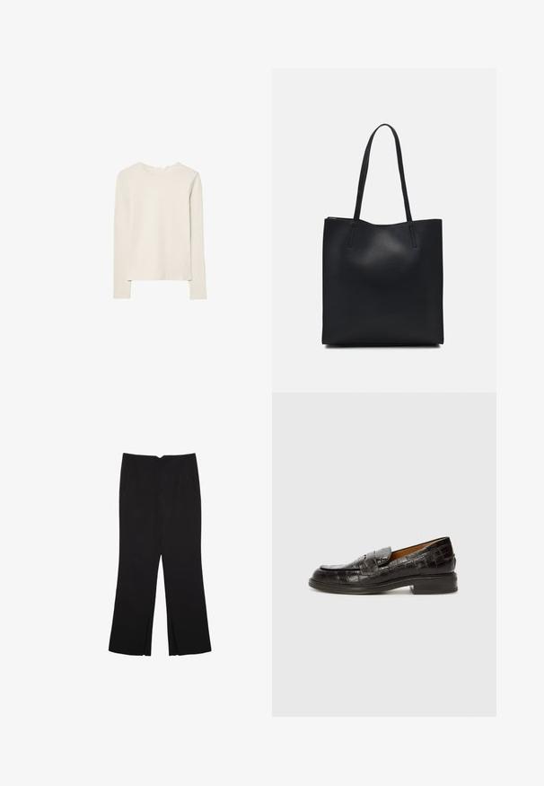 Svetlo béžový top s dlhým rukávom z mäkkej tkaniny, s okrúhlym výstrihom a voľným strihom, rovný lem a s minimálnymi detailmi šitia.; Čierne nohavice so strihom rovného strihu, s prednými vreckami a bočnými rozparkami na leme. Vyrobené z mäkkej, hladkej tkaniny. Vhodné na rôzne príležitosti.; Billi Bi Našuchovačky - espresso; Čierna kožená taška na rameno s hladkým povrchom, obdĺžnikovým tvarom a dvoma dlhými uchami. Bez viditeľného kovania alebo ozdôb.