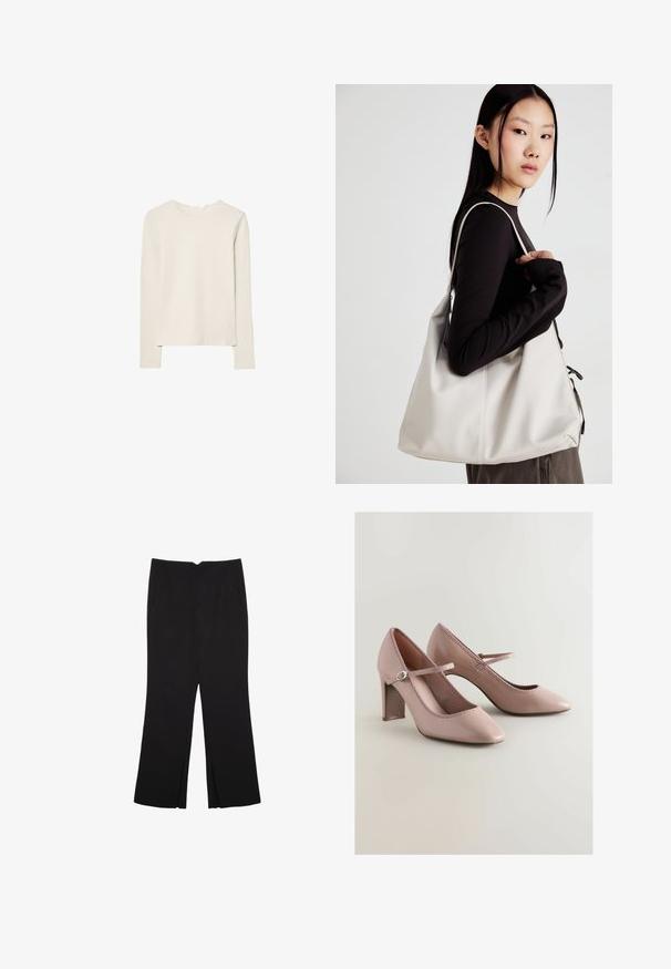 Ljusbeige långärmad topp i mjukt material, med rund halsringning och en avslappnad passform med rak nederkant och minimal sömdekoration.; Svarta byxor med rak passform, utrustade med framfickor och sidoklyvningar vid fållen. Tillverkade av mjukt, slätt tyg. Lämpliga för olika tillfällen.; Rosa lackläders högklackade skor med spetsig tå, spetsdetalj längs kanten och korsettsnörning.; Beige handväska tillverkad av mjukt material, med en avslappnad design, sydda detaljer och två axelremmar. Lämplig för dagligt bruk.