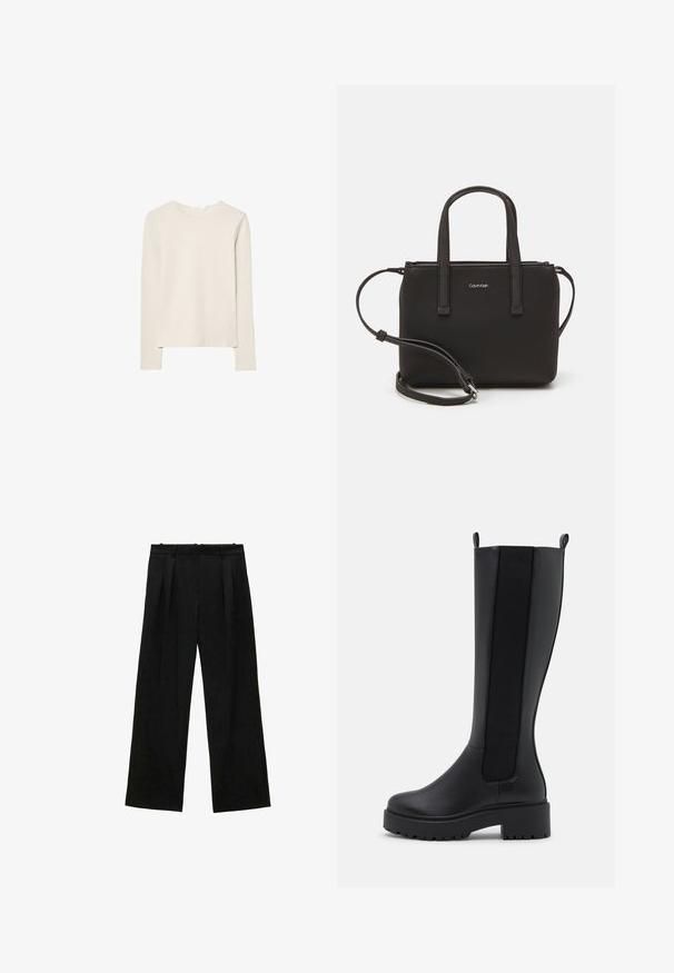 Světle béžové tričko s dlouhým rukávem z měkké tkaniny, s kulatým výstřihem a uvolněným střihem s rovnými lemy a minimálními švy.; Černé široké kalhoty s plisováním, s hladkou texturou a vysokým pasem. Minimalistický styl, žádné viditelné kovové prvky nebo ozdoby.; Černé kozačky po kolena s hladkým koženým povrchem, elastickými bočními panely a hrubou texturovanou podrážkou pro lepší trakci.; Černá kabelka s dvojitými krátkými uchy a odnímatelným ramenním popruhem. Hladký koženkový materiál s uzávěrem na zip a detailem loga.