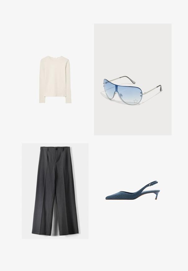 Světle béžové tričko s dlouhým rukávem z měkké tkaniny, s kulatým výstřihem a uvolněným střihem s rovnými lemy a minimálními švy.; Kalhoty s širokými nohavicemi vyrobené z tmavě šedé látky, s knoflíkovým zapínáním, předními sklady a poutky na pásek. Hladká textura s přizpůsobeným střihem.; Džínové slingback podpatky s špičatou špičkou a nízkým, štíhlým podpatkem. Disponují texturovanou tkaninou v tmavě modré barvě a elegantním, aerodynamickým designem.; Pilotské sluneční brýle s modrými gradientními skly, stříbrným kovovým rámem a dekorativními hvězdnými akcenty na sklech. Hladký a elegantní design.