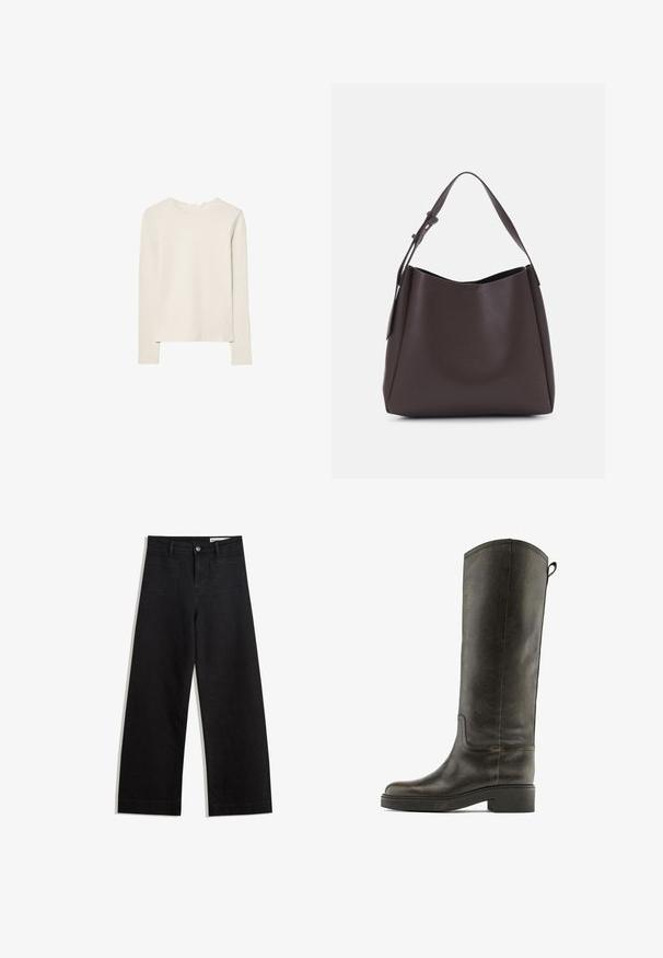 Světle béžové tričko s dlouhým rukávem z měkké tkaniny, s kulatým výstřihem a uvolněným střihem s rovnými lemy a minimálními švy.; Černé denimové kalhoty s volným střihem a vysokým pasem, vybavené předními a zadními kapsami, prošívanými švy a knoflíkovým zapínáním. Hladká textura.; Kožená bota po kolena v tmavě zelené barvě, s hladkým povrchem, kulatou špičkou a nízkým blokovým podpatkem, s minimálním šitím a poutkem.; Vero Moda VMLANE - Velká kabelka - chocolate torte