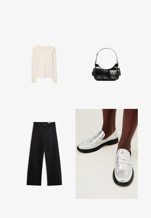 Ljusbeige långärmad topp i mjukt material, med rund halsringning och en avslappnad passform med rak nederkant och minimal sömdekoration.; Svarta vida denimbyxor med hög midja, med fram- och bakfickor, sydda sömmar och knappstängning. Slät textur.; Silverfärgade metallic loafers med en slät yta, svart gummisula och ett dekorativt band med varumärket präglat.; Svart lackläderhandväska med en rundad form, en axelrem, framfickor och detaljer i silverfärg.