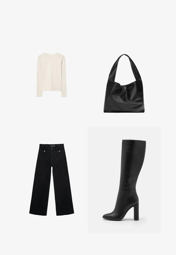 Lys beige langærmet top lavet af blød stof, med rund halsudskæring og en afslappet pasform med lige kant og minimal syning detaljer.; Sorte vidde jeans med høj talje, der har to forlommer og metalknapdetaljer. Stoffet har en glat tekstur.; Knæhøj sort læderstøvle med spids tå og høj blokhæl. Glat tekstur med minimalistisk design og ingen synlig hardware.; Sort læder tote bag med et blødt, slattent design, brede håndtag og en glat tekstur. Ingen synlig hardware eller udsmykninger.