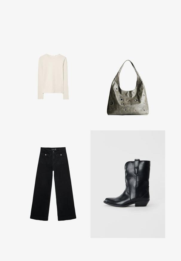Svijetlo bež majica dugih rukava napravljena od mekanog materijala, s okruglim izrezom i opuštenim krojem s ravnim rubom i minimalnim detaljima šivanja.; Crne široke traperice s visokim strukom, koje imaju dva prednja džepa i metalne gumbe kao ukrase. Tkanina ima glatku teksturu.; Crne kožne kaubojke s oštrim nožnim prstom, visine do sredine lista, ukrasnim šavovima i malom petom. Imaju policu za lako obuvanje.; Maslinasto zeleni kožni ručni kovčeg s opuštenim dizajnom, s raznim kružnim izrezima različitih veličina i naglascima u tamnijim i svjetlijim nijansama.