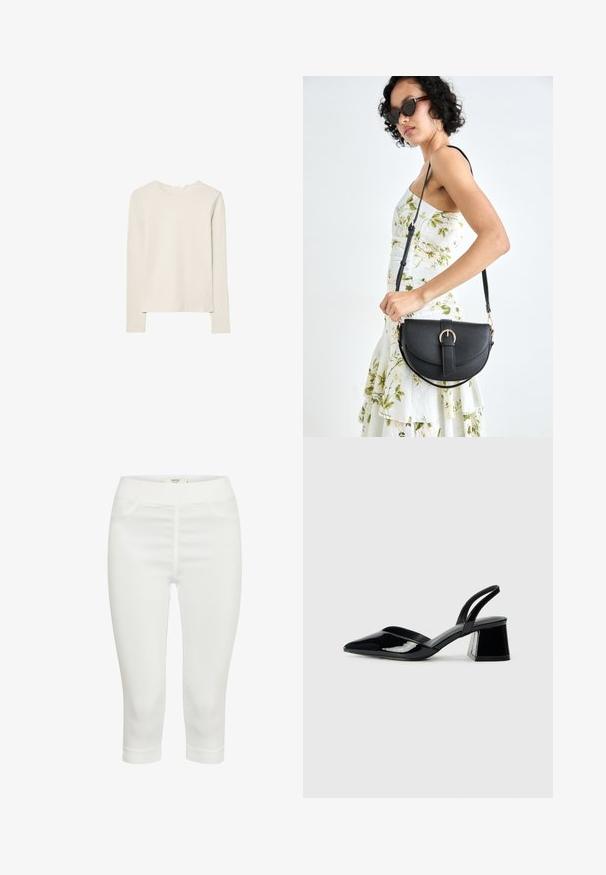 Svetlo bež dolg rokav majica iz mehkega materiala, z okroglim izrezom in sproščenim krojem, ravnim robom ter minimalnimi šivi.; Beli capri hlače izdelane iz raztegljivega materiala, z gladko teksturo, dvema sprednjima žepoma in udobnim elastičnim pasom.; Črne lakirane slingback pete s koničastim nosom in geometrijsko blokasto peto. Imajo eleganten, minimalističen dizajn in gladko teksturo.; Črna usnjena torbica s ukrivljeno obliko, z odstranljivo naramnico in zlatimi dodatki. Torbica ima pokrov s podrobnostmi v obliki zaponke.