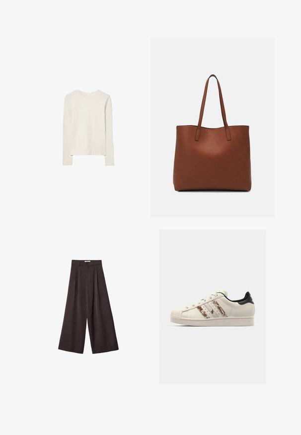 Světle béžové tričko s dlouhým rukávem z měkké tkaniny, s kulatým výstřihem a uvolněným střihem s rovnými lemy a minimálními švy.; Černé široké kalhoty s vysokým pasem, s předními záhyby a zapínáním na knoflík v pase, vyrobené z hladké látky.; Bílé kožené tenisky s texturovaným, krémově bílým gumovým špičkou. Obsahují tři hnědé pruhy a černou patu. Ploché tkaničky a detaily loga.; Hnědá kožená taška přes rameno s hladkou texturou, otevřeným designem a dvěma ramenními popruhy. Obsahuje minimální švy a žádné viditelné kovové prvky.