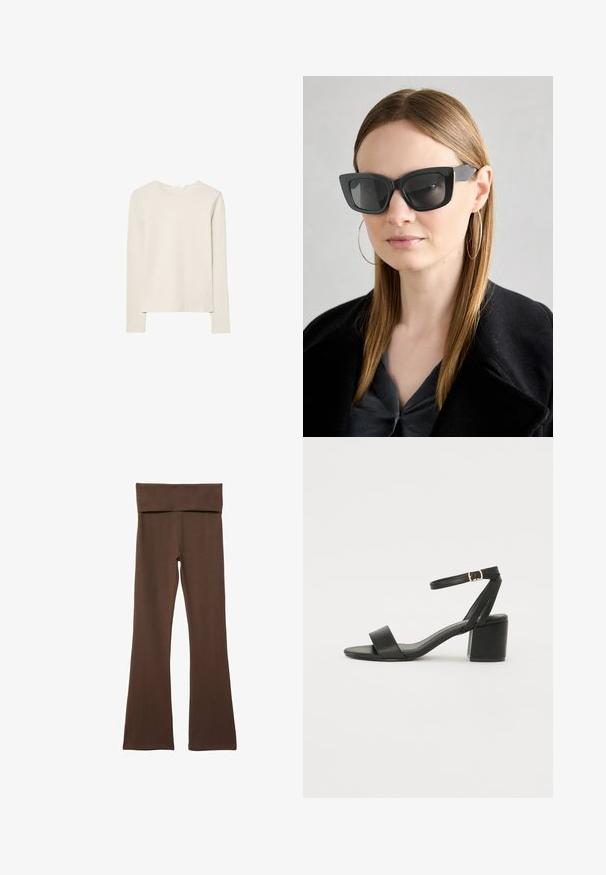 Light beige long-sleeve top made of soft fabric, featuring a round neck and a relaxed fit with straight hem and minimal stitching detail.; Brown flared leggings with a wide, soft waistband. Made of stretchy fabric with a smooth texture and no visible patterns or accents.; Black heeled sandal featuring a smooth leather upper, an open toe, wide front straps, and adjustable ankle strap with a gold buckle detail.; Black cat-eye sunglasses with dark lenses, thick frames, and subtle accents. Worn with a black coat and gray top, featuring long straight hair.