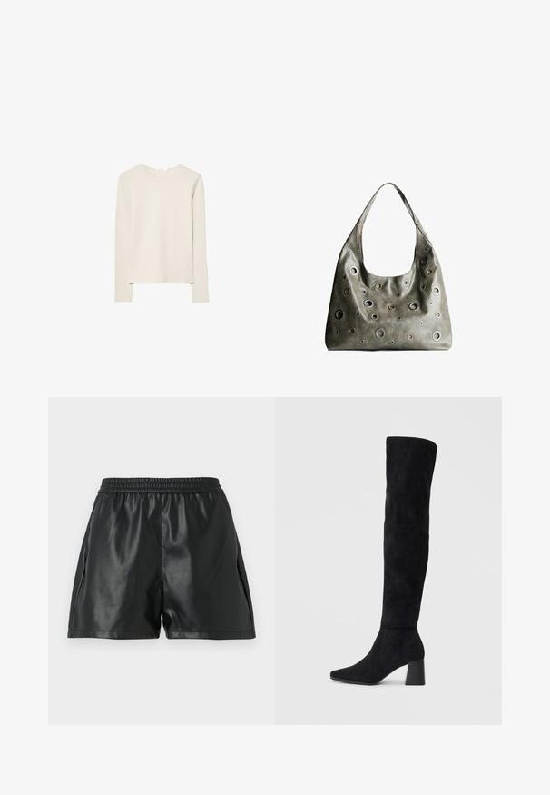 Svijetlo bež majica dugih rukava napravljena od mekanog materijala, s okruglim izrezom i opuštenim krojem s ravnim rubom i minimalnim detaljima šivanja.; Crne kratke hlače od umjetne kože s elastičnom strukom, s glatkom teksturom i širokim krojem. Bez vidljivih uzoraka ili akcenta.; Crne antilop čizme do koljena s blok potpeticom, šiljastim prstom i glatkim, bešavnim dizajnom na običnoj svijetloj pozadini.; Maslinasto zeleni kožni ručni kovčeg s opuštenim dizajnom, s raznim kružnim izrezima različitih veličina i naglascima u tamnijim i svjetlijim nijansama.