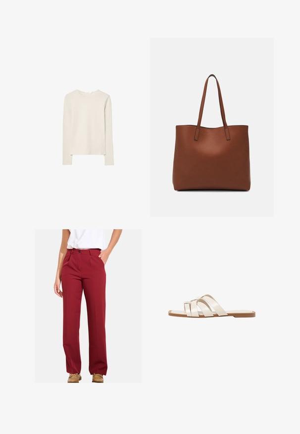 Jasno beżowa bluzka z długim rękawem, wykonana z miękkiego materiału, z okrągłym dekoltem i luźnym krojem, prostym dołem oraz minimalnym detalem szwów.; Burgundowe spodnie o prostym kroju nogawki, z guzikiem i kieszeniami po bokach, wykonane z gładkiego materiału o minimalnej teksturze.; Płaskie sandały z brązową gumową podeszwą, zaprojektowane z trzema nakładającymi się na siebie białymi skórzanymi paskami i małym detalem w postaci kokardy na środku.; Brązowa skórzana torba tote o gładkiej fakturze, z otwartym wierzchem i dwoma ramiączkami. Charakteryzuje się minimalnym przeszyciem i brakiem widocznych elementów metalowych.