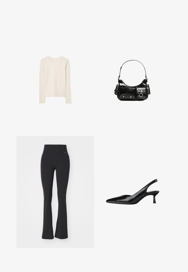 Svijetlo bež majica dugih rukava napravljena od mekanog materijala, s okruglim izrezom i opuštenim krojem s ravnim rubom i minimalnim detaljima šivanja.; Crne tajice za jogu s visokim strukom, izrađene od rastezljive tkanine. Imaju široki kroj i mali Nike logo na struku.; Crne slingback pumpe sa šiljastim vrhom, napravljene od teksturiranog sintetičkog materijala, sa tankim potpeticama i otvorenim bočnim dizajnom.; Crna patentna kožna torba s zakrivljenim oblikom, jednim remenom za rame, prednjim džepovima i akcentima od srebrnog tona.