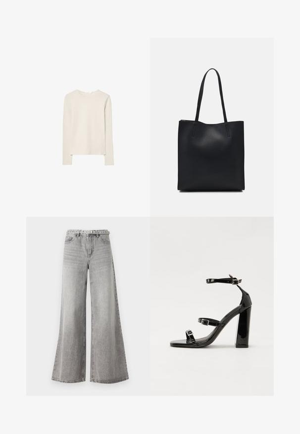 Svijetlo bež majica dugih rukava napravljena od mekanog materijala, s okruglim izrezom i opuštenim krojem s ravnim rubom i minimalnim detaljima šivanja.; Široke sive traperice s visokim strukom, koje imaju klasičan dizajn s pet džepova i pojas s petljama. Tkanina s teksturom.; Crne lakirane sandale na pete sa kvadratnim nosom, trakama oko gležnja i srebrnim kopčama. Imaju čvrst blok petu za stabilnost.; Crna kožna torba za nošenje s glatkom teksturom, pravokutnim oblikom i dvije duge ručke. Nema vidljivih metalnih dijelova ili ukrasa.