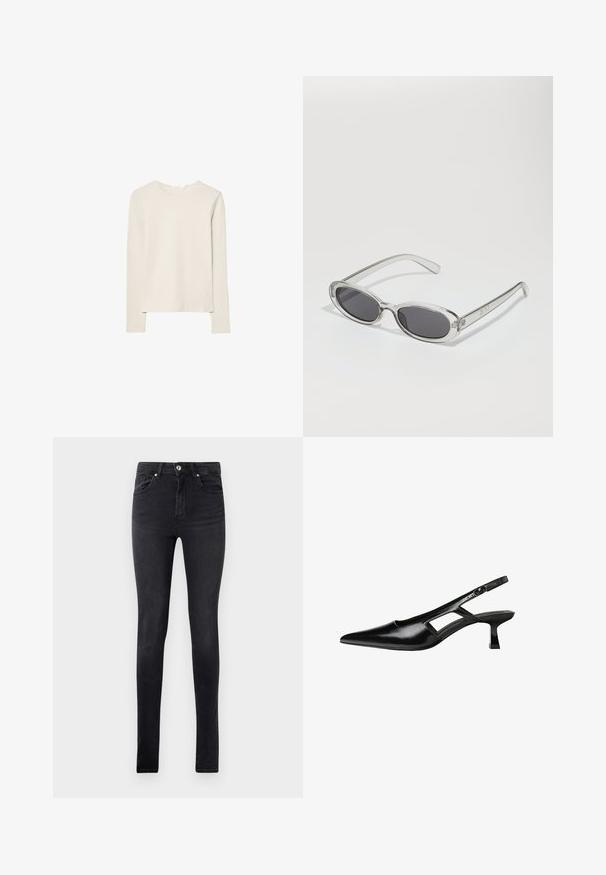 Svetlo bež dolg rokav majica iz mehkega materiala, z okroglim izrezom in sproščenim krojem, ravnim robom ter minimalnimi šivi.; Črne ozke kavbojke iz denima s petimi žepi in gumbom za zapiranje na pasu, prikazane na enostavni beli podlagi.; Črne patentični usnjeni salonarji s slingback designom, z zašiljenim nosom, izrezanim stranskim dizajnom in majhnim kvadratnim peto. Gladka tekstura z minimalnimi detajli.; Sončna očala ovalne oblike, prozoren plastičen okvir, temno sivi leči in tanke prozorne roke z logotipnimi akcenti in minimalnimi detajli.