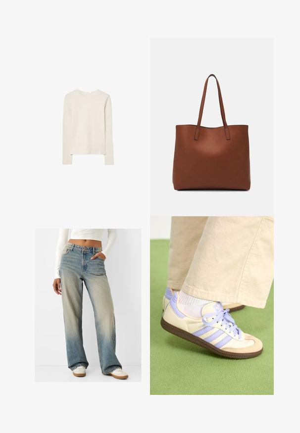 Vaaleanbeige pitkähihaisen puseron pehmeä kangas, pyöreä kaula-aukko, rento istuvuus, suora helma ja minimaalista ompeluyksityiskohtaa.; Vaaleansiniset leveälahkeiset farkut, joissa on haalistunut viimeistely. Korkeavyötäröinen malli, jossa on taskut ja nappikiinnitys. Yhdistetty valkoisiin lenkkareihin.; Kermasilta ja laventelilta näyttävät lenkkarit kolmella raidalla ja teksturoidulla ruskealla pohjalla, varustettuna nauhoilla ja pehmustetulla kantapäällä. Pehmeä kangaspinta.; Ruskea nahkainen olkalaukku, jossa on sileä pinta, avoin yläosa ja kaksi olkahihnaa. Omaavat vain minimaalisen ompelun eikä näkyvää metalliosaa.