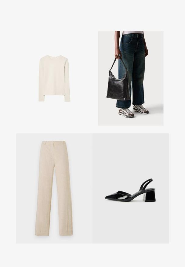 Hellbeige Langarmshirt aus weichem Stoff, mit Rundhalsausschnitt und lockerer Passform, geradem Saum und minimalen Nähdetails.; Beige Leinen-Hosen mit geradem Bein und glatter Textur, ausgestattet mit einem Frontreißverschluss, Gürtelschlaufen und gepressten Falten für einen maßgeschneiderten Look.; Schwarze Lackleder-Slingback-High Heels mit spitzem Schuh und einem geometrischen Blockabsatz. Verfügt über ein schlankes, minimalistisches Design und eine glatte Textur.; Schwarze Leder-Schultertasche mit glatter Textur und verstellbarem Riemen, kombiniert mit ausgewaschenen weit geschnittenen Jeans und sportlichen Sneakern.