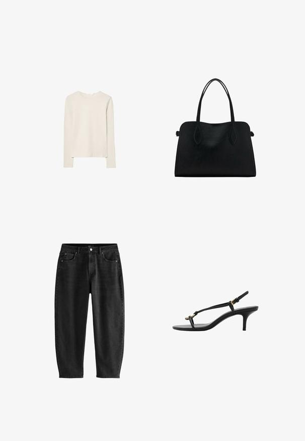 Svetlo bež dolg rokav majica iz mehkega materiala, z okroglim izrezom in sproščenim krojem, ravnim robom ter minimalnimi šivi.; Črne kavbojke iz denima z sproščenim krojem, ki imajo klasičen pet-pocket dizajn, z gumbom za zapiranje in diskretnimi šivi.; Črne usnjene sandale s kitten peto, tankimi trakovi, zlate zaponke in minimalistično zanko za prste na beli podlagi.; Črna usnjena torbica z dvema naramnima trakoma, pravokotne oblike in minimalističnim dizajnom na beli podlagi.
