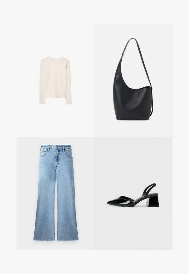 Svijetlo bež majica dugih rukava napravljena od mekanog materijala, s okruglim izrezom i opuštenim krojem s ravnim rubom i minimalnim detaljima šivanja.; Svijetloplave, široke traperice s teksturiranim finišem. Imaju srednji struk i obrubljene rubove.; Crne lakirane kožne sandale s otvorenom petom i špicastim vrhom, s geometrijskom blok petom. Imaju elegantan, minimalistički dizajn i glatku teksturu.; Crna kožna hobo torba s glatkom teksturom, zakrivljenim oblikom i jednom podesivom trakicom; ima širok otvor na vrhu.