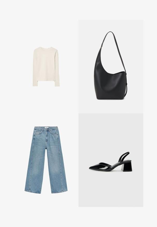 Světle béžové tričko s dlouhým rukávem z měkké tkaniny, s kulatým výstřihem a uvolněným střihem s rovnými lemy a minimálními švy.; Svetle modré džíny s širokými nohavicemi vyrobené z denimu, s vysokým pasem, dvěma předními kapsami a viditelným prošíváním po bočních švech.; Černé lakované kožené lodičky na pásku s špičatou špičkou a geometrickým blokovým podpatkem. Vyznačují se elegantním, minimalistickým designem a hladkým povrchem.; Černá kožená hobo taška s hladkým povrchem, zakřiveným tvarem a jedním nastavitelným popruhem; má široké otevírání nahoře.