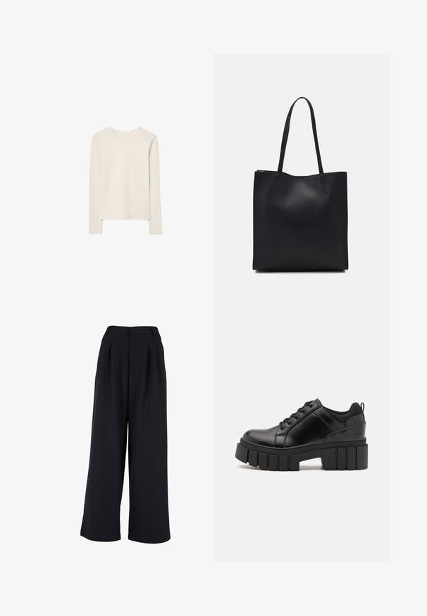 Světle béžové tričko s dlouhým rukávem z měkké tkaniny, s kulatým výstřihem a uvolněným střihem s rovnými lemy a minimálními švy.; Široké kalhoty z černé látky, s předními sklady, zapínáním na knoflík a hladkým povrchem. Na míru šitý design s vysokým pasem.; Černé kožené platformové boty s masivním blokovým podpatkem, kulatou špičkou a tradičním šněrováním. Mají hladký povrch a minimální detaily.; Černá kožená taška přes rameno s hladkým povrchem, obdélníkovým tvarem a dvěma dlouhými uchy. Žádné viditelné kování ani ozdoby.
