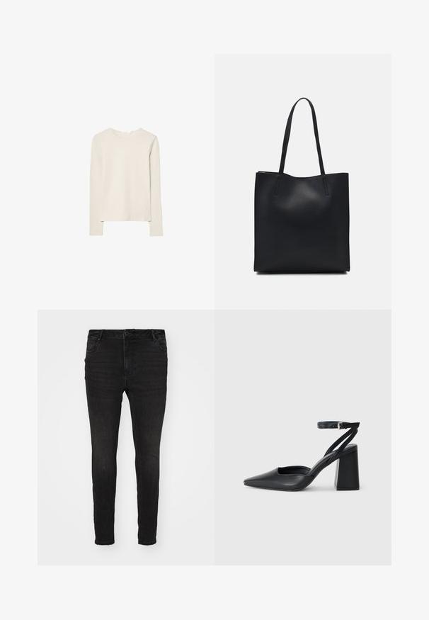 Svetlo bež dolg rokav majica iz mehkega materiala, z okroglim izrezom in sproščenim krojem, ravnim robom ter minimalnimi šivi.; Vero Moda Curve VMCFLASH SKINNY - Elastične hlače (jeggings) - black denim; Črne usnjene klasične čevlje z ostrim nosom, z zaponko za gleženj in debelim peto. Ravna tekstura, eleganten dizajn in minimalistična estetika.; Črna usnjena torba s svilnato teksturo, pravokotne oblike in dvema dolgima ročajema. Brez vidnih metalnih delov ali okrasnih elementov.